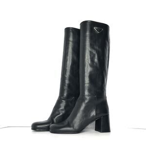 Prada Triangle Logo Plaque Knee High Pull On Block Heel Leather Boots 38